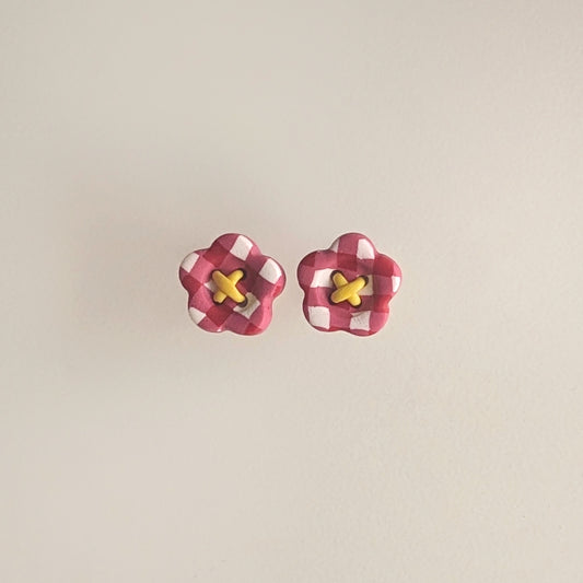 Gingham Flower Button Earrings