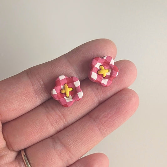 Gingham Flower Button Earrings