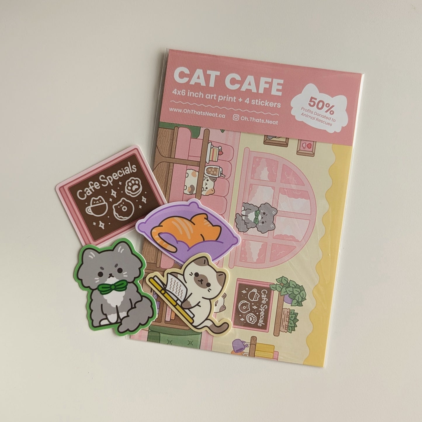 Cat Cafe Charity Pack (Mini Print, Stickers) 💖 50% Profits to Charity 💖