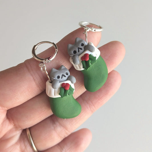 Grey Cat Stocking Earrings