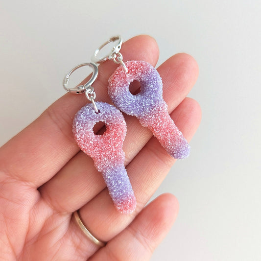 Jumbo Sour Key Candy Earrings (Purple/Red)