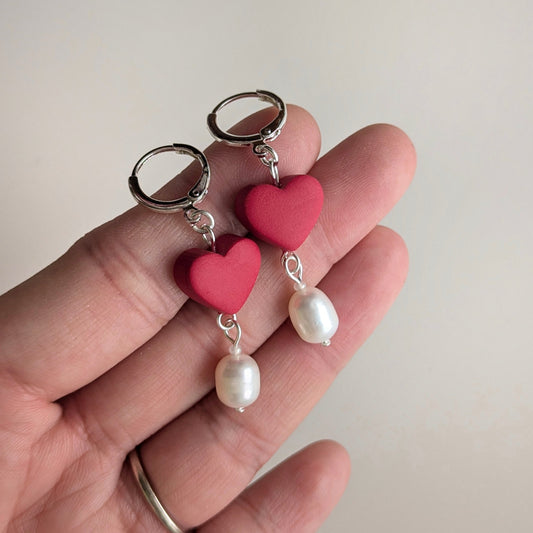 Red Pearly Hearts Earrings
