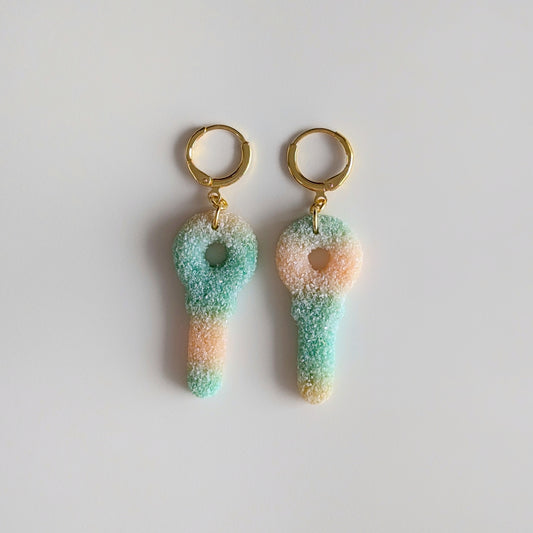 Jumbo Sour Key Candy Earrings (Green/Orange)
